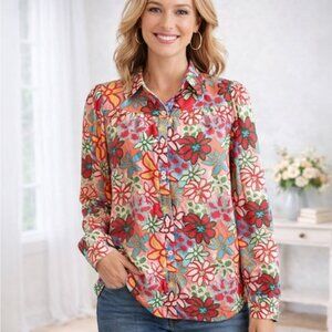 SHEIN Colorful Floral Button-Front Blouse – Size Large (US 8/10)